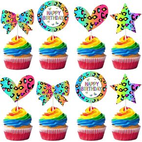 قوس قزح Cheetah Cake Decorations - 36pc Leopard Cake Cake Toppers - Rainbow Cheetah Cupcake Toppers for Boys Girls Birthday Girls - Jungle Animals Safari Party