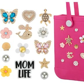 Zifty 20pcs Charm متوافق مع Bogg Bag & Beach Tote Excessories زهرة زخرفية ، لؤلؤة ، سحر حيوانات البحر مع سلاسل سحر حقيبة يد أنيقة للنساء والبنات
