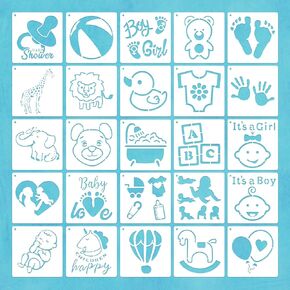 25Pcs Baby Shower Stencil Painting Kit - 5 Inch Plastic Drawing Stencils Template, Perfect for Onesie Bib Decorating & DIY Crafts -Reusable Mixed Phrase Fabric Painting Stencils