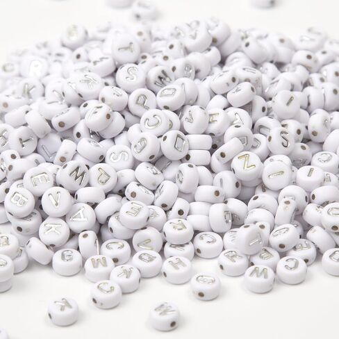 1000pcs 4x7mm خطاب جولة حبات الاكريليك الأبيض مع الحروف الفضية الأبجدية لتصنيع المجوهرات أساور الصداقة (فضية بيضاء) in Kuwait