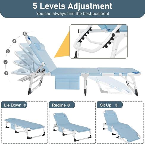 Slsy Sleeping Cots for Adults, 5-Position Folding Chaise Lounge Chairs Outdoor, Portable Folding Bed Cot Lounge Chair for Beach Lawn Camping Pool Sun Tanning in Kuwait