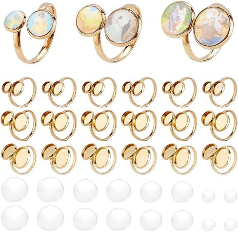 PH PandaHall 18K Gold Plated Ring Blanks 18pcs Ring Bases Open Cuff Blank Rings 304 Stainless Steel Flat Round Ring Bezel Trays with 36pcs 4 Sizes Glass Cabochons for Ring Jewelry Making 6/8/10/12mm in Saudi Arabia