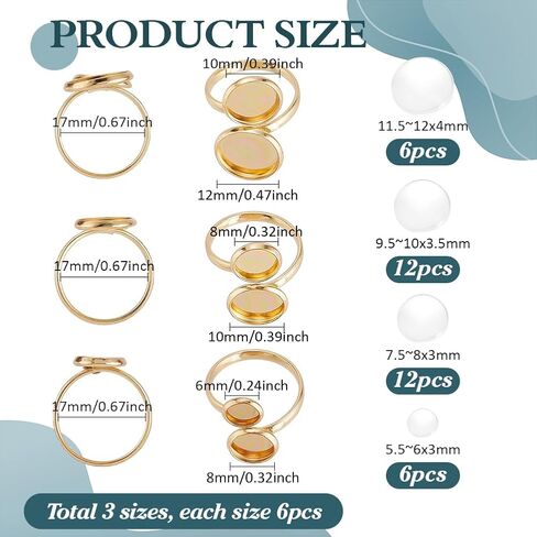 PH PandaHall 18K Gold Plated Ring Blanks 18pcs Ring Bases Open Cuff Blank Rings 304 Stainless Steel Flat Round Ring Bezel Trays with 36pcs 4 Sizes Glass Cabochons for Ring Jewelry Making 6/8/10/12mm in Saudi Arabia