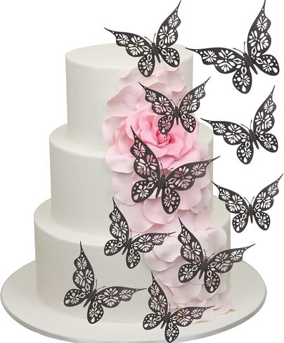 24pcs Black Metallic Butterfly Cupcake Toppers Lively 3D Effect Butterfly Cake Toppers Mixed Size Butterfly Stickers Hollow Out Wall Decals Room Wall Decoration Wedding Cake Decoration in Saudi Arabia