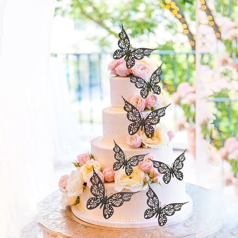 24pcs Black Metallic Butterfly Cupcake Toppers Lively 3D Effect Butterfly Cake Toppers Mixed Size Butterfly Stickers Hollow Out Wall Decals Room Wall Decoration Wedding Cake Decoration in Saudi Arabia