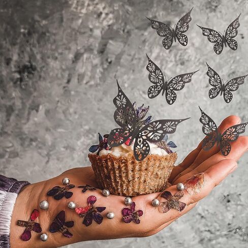 24pcs Black Metallic Butterfly Cupcake Toppers Lively 3D Effect Butterfly Cake Toppers Mixed Size Butterfly Stickers Hollow Out Wall Decals Room Wall Decoration Wedding Cake Decoration in Saudi Arabia