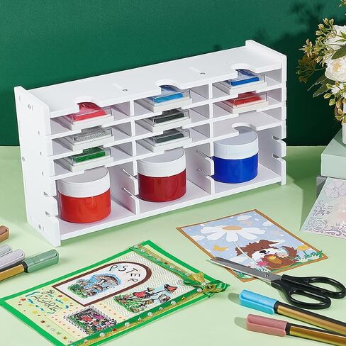 UNICRAFTALE Ink Pad Storage Rack 18 Grids Inkpad Storage Box Stamp Pad Storage Organizer White Stamp Pad Organizer Holder for Desktop for Crafts Supply Stackable Mount in Kuwait