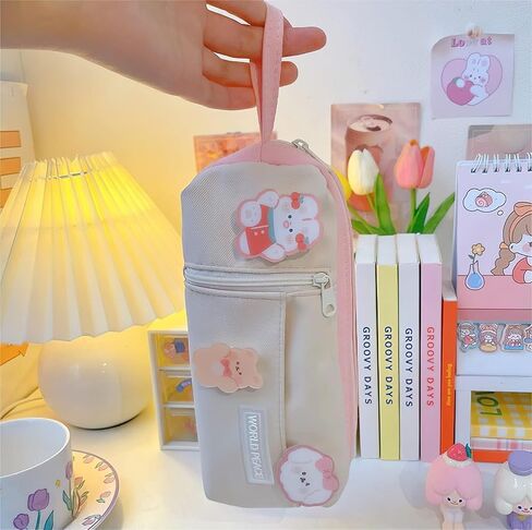 LaurelTree Kawaii Aesthetic Cute Pencil Case Bag with 3pcs Pins Large Capacity Stationery Pouch Box Holder Organizer Office College School Adults Students Teens Girls Boys (Pink)… in Saudi Arabia