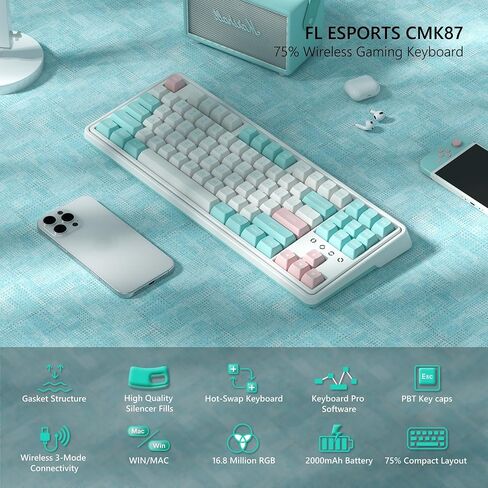 75% Keyboard, Wireless Gaming Keyboard, 3-Modes Creamy Mechanical Keyboard Hot-Swap, 87 Key RGB Keyboard with Pre-lubed Linear Switch for PC/Tablet/PS/Xbox (Pink) in Kuwait