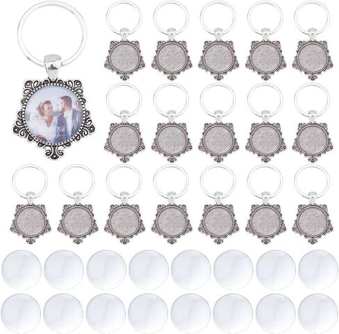 Dicosmetic 20 مجموعات Cabochon Keychain Blanks keychain keychain tray 20mm platinum alloy diy keyring مجموعة مع cabochons الزجاجية لصنع سلسلة مفاتيح شخصية شخصية in Kuwait