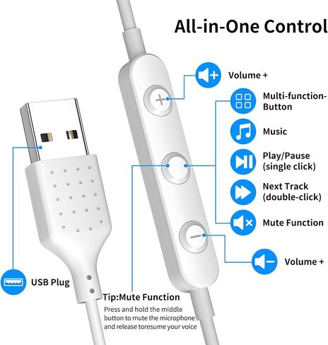 USB Earbuds for PC, USB Headphones with Microphone for Computer,Wired USB Headset with Mic Audio Controls Noise Isolating Stereo Laptop Earphones for Dell HP PS5 Surface Office Zoom Call Work Gaming in Saudi Arabia
