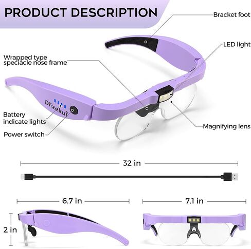 Magnifying Glass with Light 1.5X to 5.0X, Rechargeable Magnifying Glasses Head Magnifier, Lighted Magnifying Glass with 4 Detachable Lenses, Magnifying Headset for Close Work Reading Jewelry in Kuwait