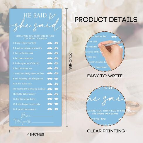 Minimalist Blue Wedding Shower Games Cards, He Said She Said, Bridal Shower Games, Engagement Party Wedding Card for 25 Guests, Bridal Party Supplies 4x9inch-A17 in Kuwait