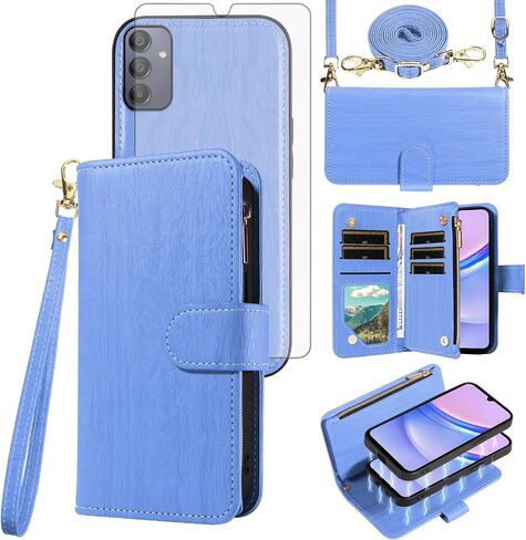 Asuwish Phone Case for Samsung Galaxy A15 5G/4G Zipper Wallet Magnetic Detachable Cell Cover with Tempered Glass Screen Protector Crossbody Lanyard Strap Card Holder Slot A 15 G5 15A Women Girls Brown in Saudi Arabia