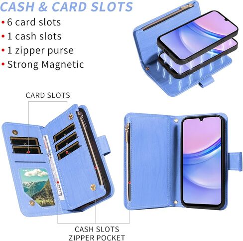 Asuwish Phone Case for Samsung Galaxy A15 5G/4G Zipper Wallet Magnetic Detachable Cell Cover with Tempered Glass Screen Protector Crossbody Lanyard Strap Card Holder Slot A 15 G5 15A Women Girls Brown in Saudi Arabia