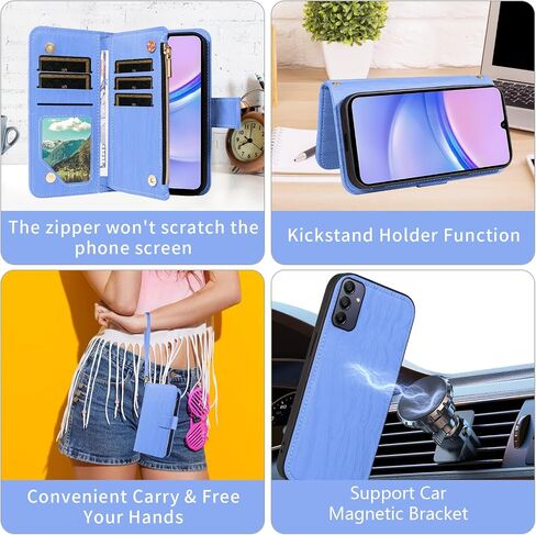 Asuwish Phone Case for Samsung Galaxy A15 5G/4G Zipper Wallet Magnetic Detachable Cell Cover with Tempered Glass Screen Protector Crossbody Lanyard Strap Card Holder Slot A 15 G5 15A Women Girls Brown in Saudi Arabia