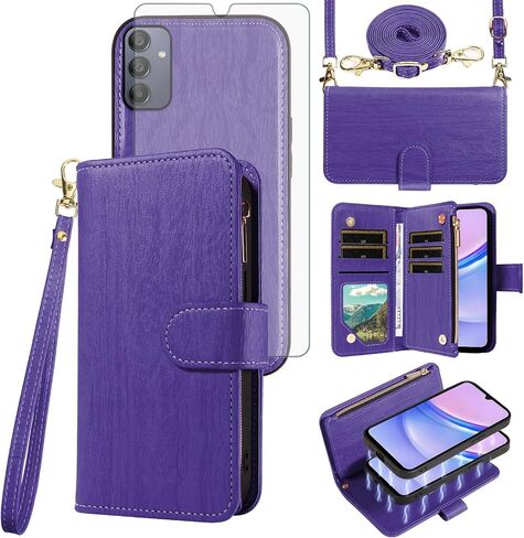 Asuwish Phone Case for Samsung Galaxy A15 5G/4G Zipper Wallet Magnetic Detachable Cell Cover with Tempered Glass Screen Protector Crossbody Lanyard Strap Card Holder Slot A 15 G5 15A Women Girls Brown in Saudi Arabia