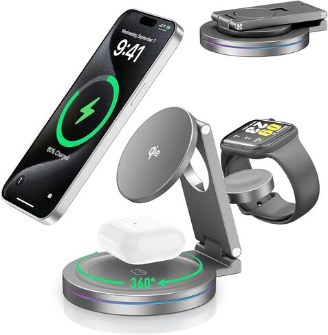2025 Upgraded Qi2 Foldable Rotatable Zinc Alloy 3 in 1 Magnetic Wireless Charging Station, Compatible with Apple iPhone 12~16,Smartwatch,AirPods.30W Adapter & Case Included(Silver) in Kuwait