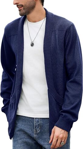 سترة صوفية متماسكة بأكمام طويلة وياقة شال للرجال مفتوحة من الأمام مع جيوب in Kuwait