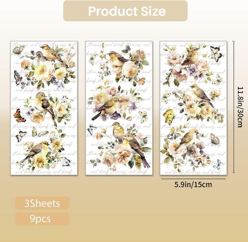 PLIGREAT 3 Sheets Vintage Rub on Transfer for Crafts Retro Floral and Bird Rub on Transfer Decals Furniture Stickers for DIY Home Wood Wardrobe Cabinet Table Decoration Old Furniture Renovation Decor in Kuwait