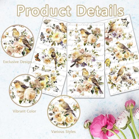 PLIGREAT 3 Sheets Vintage Rub on Transfer for Crafts Retro Floral and Bird Rub on Transfer Decals Furniture Stickers for DIY Home Wood Wardrobe Cabinet Table Decoration Old Furniture Renovation Decor in Kuwait