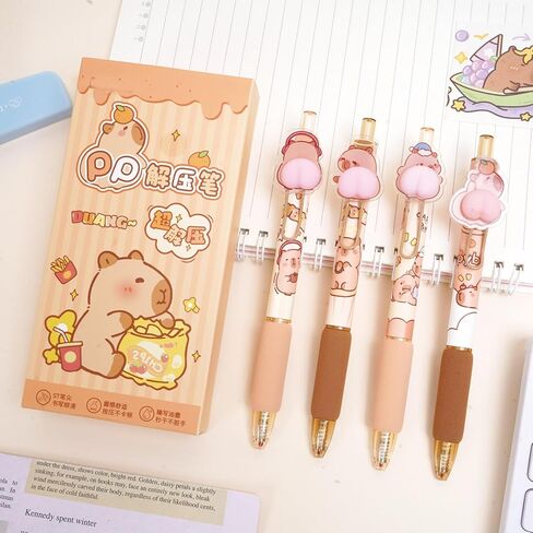 4 أجهزة كمبيوتر لطيفة قابلة للسحب كاريكاتير Capybara Pen 0.5mm جل الأسود أقلام الحبر مضحك قبضة ناعمة كتابة القلم للفتيات الأولاد للرجال لوازم المدرسة المدارس (Capybara) in Kuwait