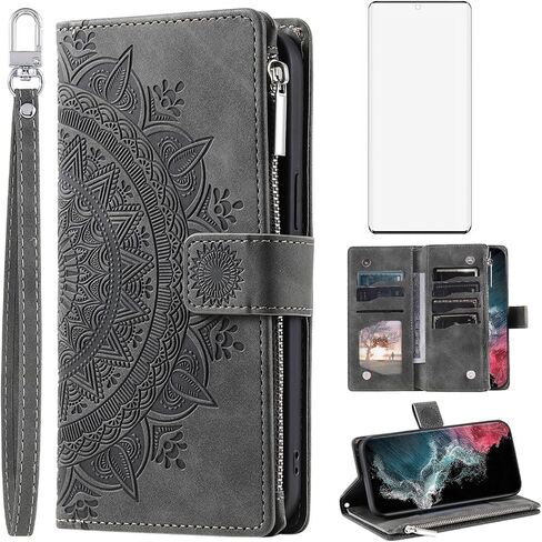 Asuwish Phone Case for Samsung Galaxy S22 Ultra 5G Wallet Cover with Tempered Glass Screen Protector Wrist Strap Mandala Flower Flip Zipper Card Holder Cell S22ultra 22S S 22 S22ultra5g 6.8 Purple in Saudi Arabia