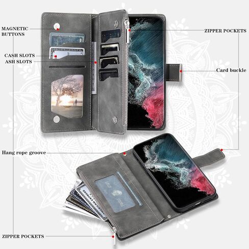 Asuwish Phone Case for Samsung Galaxy S22 Ultra 5G Wallet Cover with Tempered Glass Screen Protector Wrist Strap Mandala Flower Flip Zipper Card Holder Cell S22ultra 22S S 22 S22ultra5g 6.8 Purple in Saudi Arabia