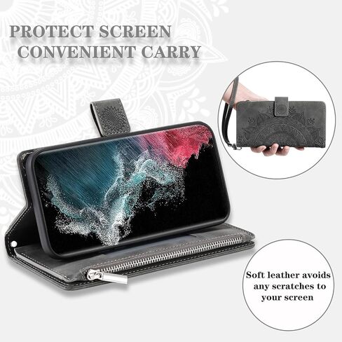 Asuwish Phone Case for Samsung Galaxy S22 Ultra 5G Wallet Cover with Tempered Glass Screen Protector Wrist Strap Mandala Flower Flip Zipper Card Holder Cell S22ultra 22S S 22 S22ultra5g 6.8 Purple in Saudi Arabia