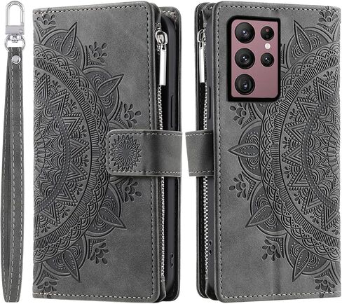 Asuwish Phone Case for Samsung Galaxy S22 Ultra 5G Wallet Cover with Tempered Glass Screen Protector Wrist Strap Mandala Flower Flip Zipper Card Holder Cell S22ultra 22S S 22 S22ultra5g 6.8 Purple in Saudi Arabia