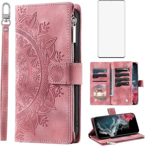 Asuwish Phone Case for Samsung Galaxy S22 Ultra 5G Wallet Cover with Tempered Glass Screen Protector Wrist Strap Mandala Flower Flip Zipper Card Holder Cell S22ultra 22S S 22 S22ultra5g 6.8 Purple in Saudi Arabia