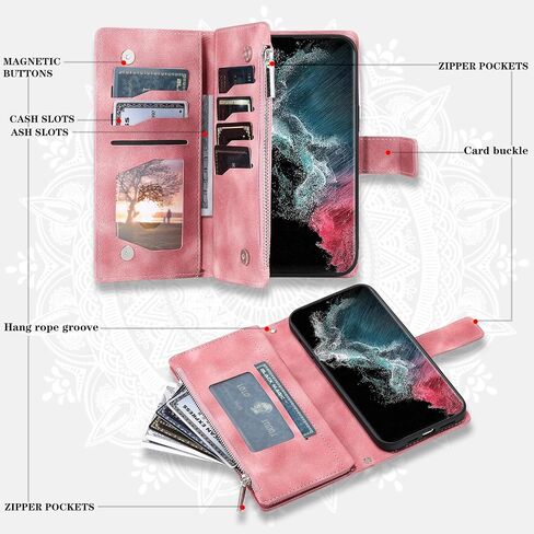 Asuwish Phone Case for Samsung Galaxy S22 Ultra 5G Wallet Cover with Tempered Glass Screen Protector Wrist Strap Mandala Flower Flip Zipper Card Holder Cell S22ultra 22S S 22 S22ultra5g 6.8 Purple in Saudi Arabia