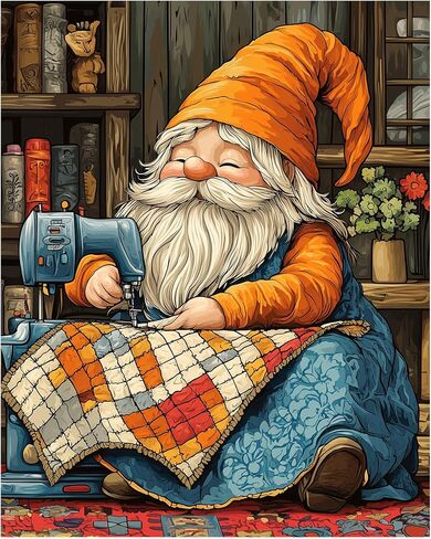 ARNLRDYA Gnome Paint by Numbers for Adults, Gnomes Using Sewing Machine Paint by Number Kits, Gnome Sewing A Quilt Acrylic Painting for Home Decor(16×20inch, Unframe) in Saudi Arabia