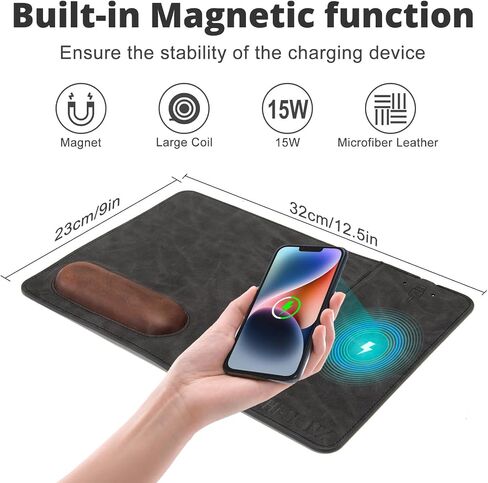 Magnetic Wireless Charging with Wrist Support, 12.5'' x 9'' Office Mousepad, Large Mousepad for iPhone 16/15/14/13/12/12 Pro/11/11Pro/XR/Xs/X, Samsung S20/S10/S9/S5/S8 Multiple Devices, Gray in Saudi Arabia