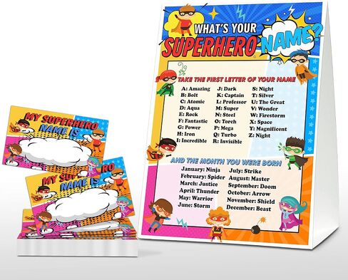 What's Your Superhero Name Game - Super Hero Birthday Party Games for Boys - Family School Classroom Activity - 1 Standing Sign and 30 Stickers - Kids Superhero Party Supplies Decorations(11) in Kuwait