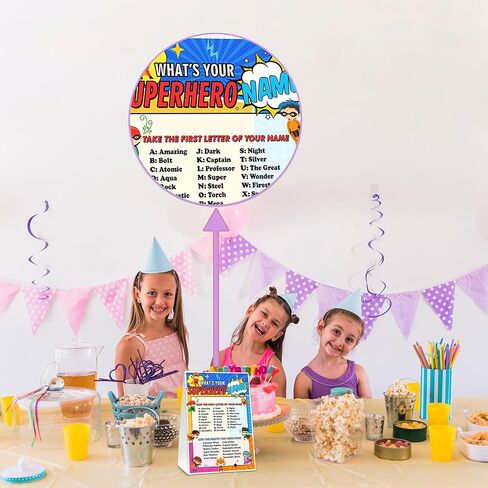 What's Your Superhero Name Game - Super Hero Birthday Party Games for Boys - Family School Classroom Activity - 1 Standing Sign and 30 Stickers - Kids Superhero Party Supplies Decorations(11) in Kuwait