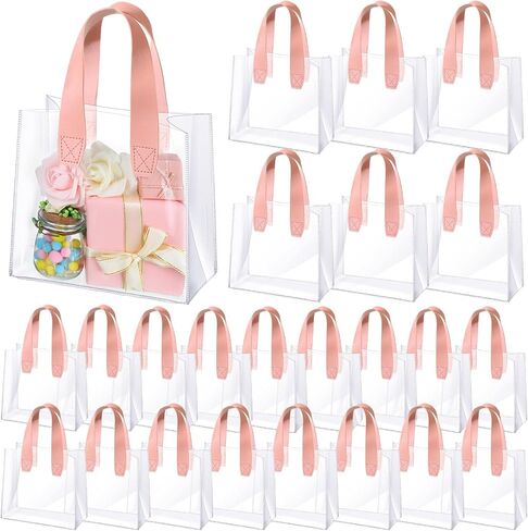 Sweetude 24 Pcs Clear Gift Bags with Handle Plastic Small Transparent Gift Wrap Tote Bag Reusable Heavy Duty Party Favor Bags in Bulk for Wedding Shopping Baby Shower 7.87 x 3.94 x 7.09 Inch (Pink) in Kuwait