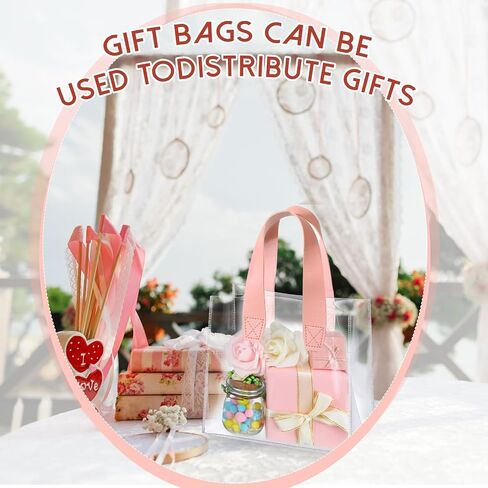 Sweetude 24 Pcs Clear Gift Bags with Handle Plastic Small Transparent Gift Wrap Tote Bag Reusable Heavy Duty Party Favor Bags in Bulk for Wedding Shopping Baby Shower 7.87 x 3.94 x 7.09 Inch (Pink) in Kuwait
