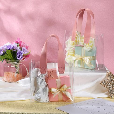 Sweetude 24 Pcs Clear Gift Bags with Handle Plastic Small Transparent Gift Wrap Tote Bag Reusable Heavy Duty Party Favor Bags in Bulk for Wedding Shopping Baby Shower 7.87 x 3.94 x 7.09 Inch (Pink) in Kuwait