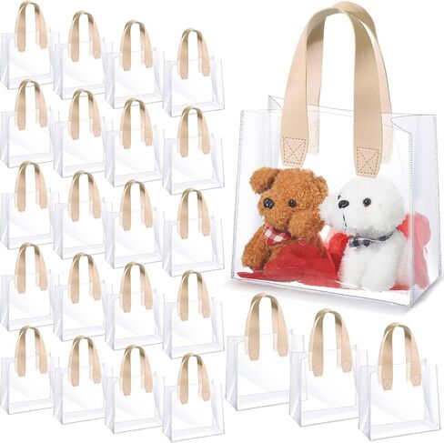 Sweetude 24 Pcs Clear Gift Bags with Handle Plastic Small Transparent Gift Wrap Tote Bag Reusable Heavy Duty Party Favor Bags in Bulk for Wedding Shopping Baby Shower 7.87 x 3.94 x 7.09 Inch (Pink) in Kuwait