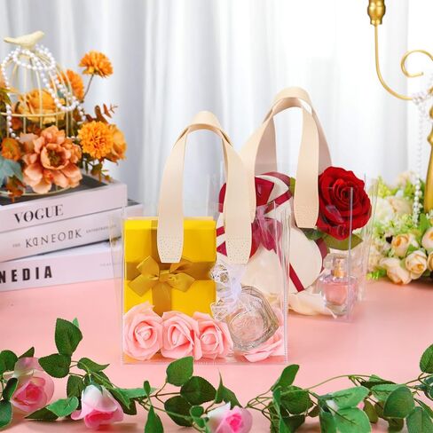 Sweetude 24 Pcs Clear Gift Bags with Handle Plastic Small Transparent Gift Wrap Tote Bag Reusable Heavy Duty Party Favor Bags in Bulk for Wedding Shopping Baby Shower 7.87 x 3.94 x 7.09 Inch (Pink) in Kuwait