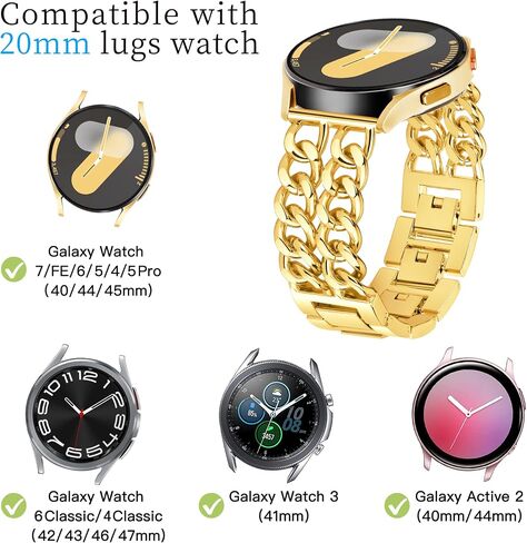 Galaxy Watch 7 6 5 4 FE Band 20mm Cowboy Chain Band for Samsung Galaxy Watch 4 5 6 7 Band 40mm 44mm, Women Metal Band for Samsung Watch Bands Watch 4 6 Classic/Watch 3 41mm/Active 2-Gold in Kuwait