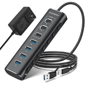 Rosonway USB Hub 3.0 Powered Aluminum 7 Ports USB 3.0 Data Hub Splitter with 24W (12V/2A) Power Adapter and Individual On/Off Switches USB Port Expander for PC and Laptop (RSH-A37S)