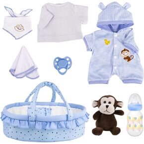 AORI 8 PCS Reborn Baby Dolls الزي مجموعة مع إكسسوارات Bassinet ل 16-18 بوصة دمية الأطفال ، وسرير الناقل الأزرق وملابس دمية الطفل تناسب دمى الأطفال حديثي الولادة