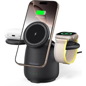 Charging Station for MagSafe Charger, 3 in 1 Wireless Charger for iPhone 16/15/14/13/12 Series, for Apple Watch & Air Pods, SwanScout 707M (No Adapter) (Black)