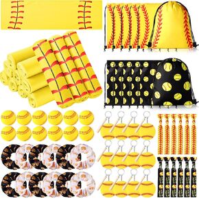 72 PCS Coftball Party Favors تشمل 12 كرة رغوة الكرة اللينة 12 سلاسل مفتاحات الكرة اللينة 12 Swostball Hair Scrunchies 12 Softball Hair Ties 12 PCS Softball Carpsring أكياس 12 منشفة تبريد