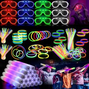 Taotuo 336 PCS Glow in the Dark Party Supplies ، 24 عصي رغوة ، 12 نظارة LED ، 100 عصي توهج حزمة الحفلات DIY GLOW CHEALLACES لقلادات لزخارف النيون