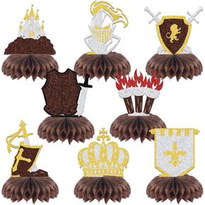 8 Pcs Medieval Knight Honeycomb Centerpiece,Medieval Knights Castle Armor Stone Wall Shield Soldier Mask Birthday Baby Shower Party Table Decor, Castle Kingdom Birthday Baby Shower Party Decor Gold