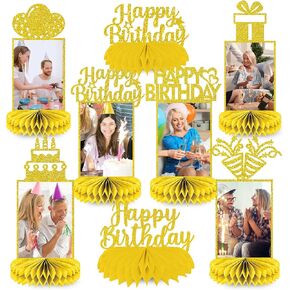 NANAGALI 8Pcs Happy Birthday Party Decorations Honeycomb Centerpieces Gold Glitter Happy Birthday Photo Table Centerpiece Party Supplies for Men/Woman, 60th 50th 40th 30th 21st 16th Photo Table Topper