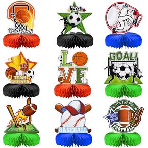 9 PCS Sportball عيد ميلاد ديكورات حفلة ، SOCCOR لكرة القدم Baseball قرص العسل المركزية القبعات العليا ، 3D Double SIGN